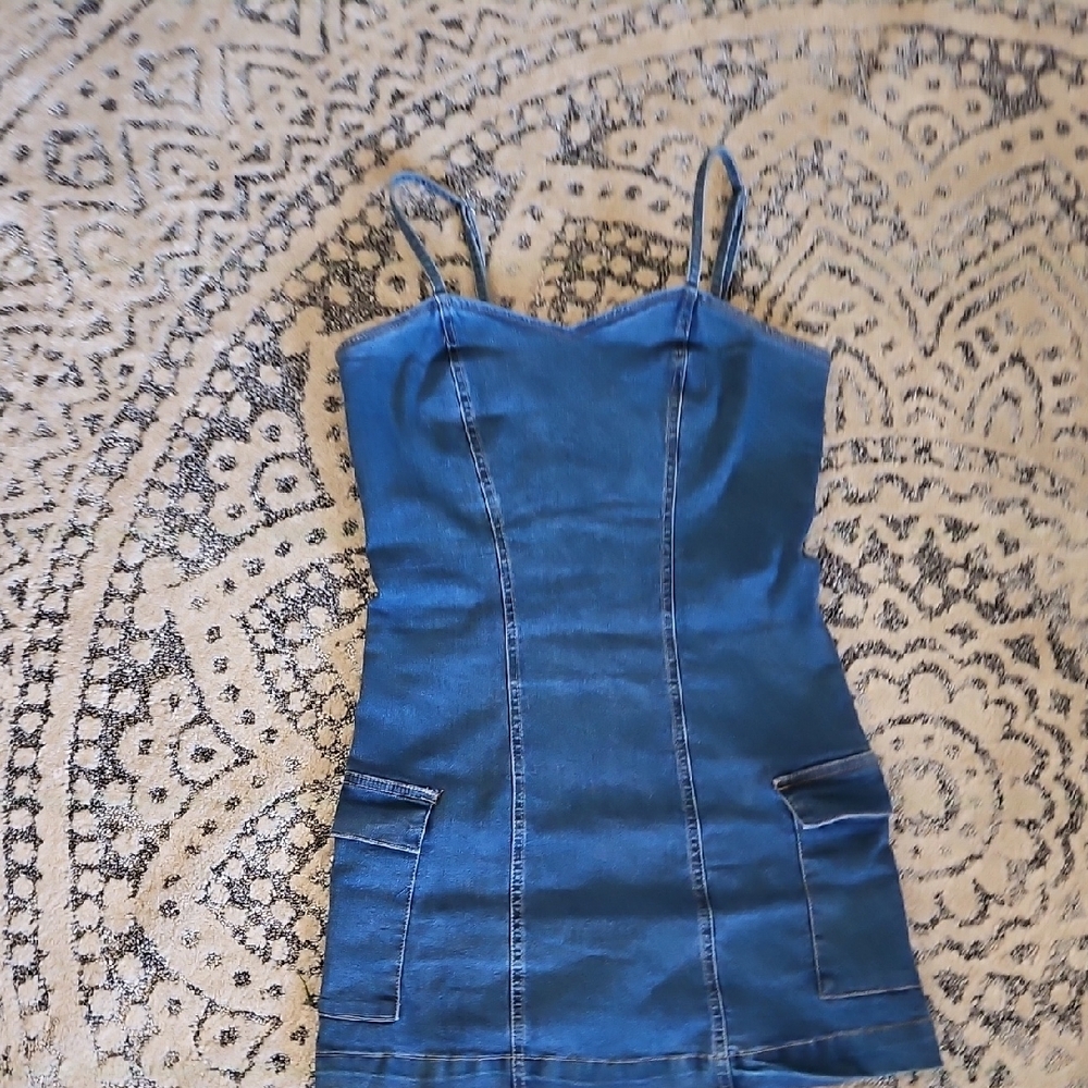 Blue Demin Mini Dress with Spaghetti Straps